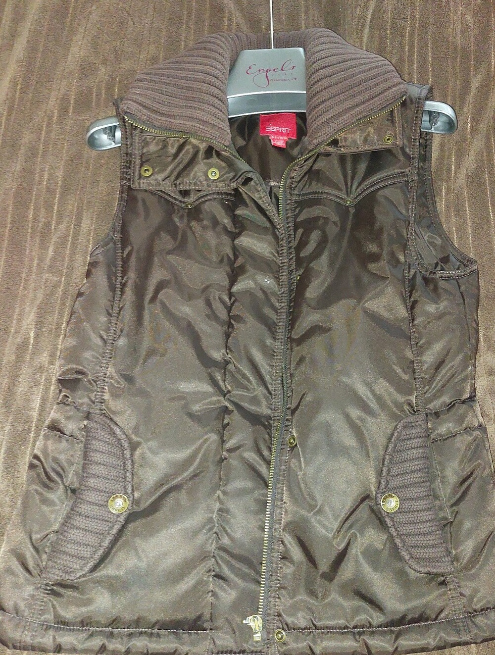 Esprit Brown Quilted Puffer Vest with Ribbed Collar